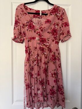 Floral Pink V-Neck Women's Dress